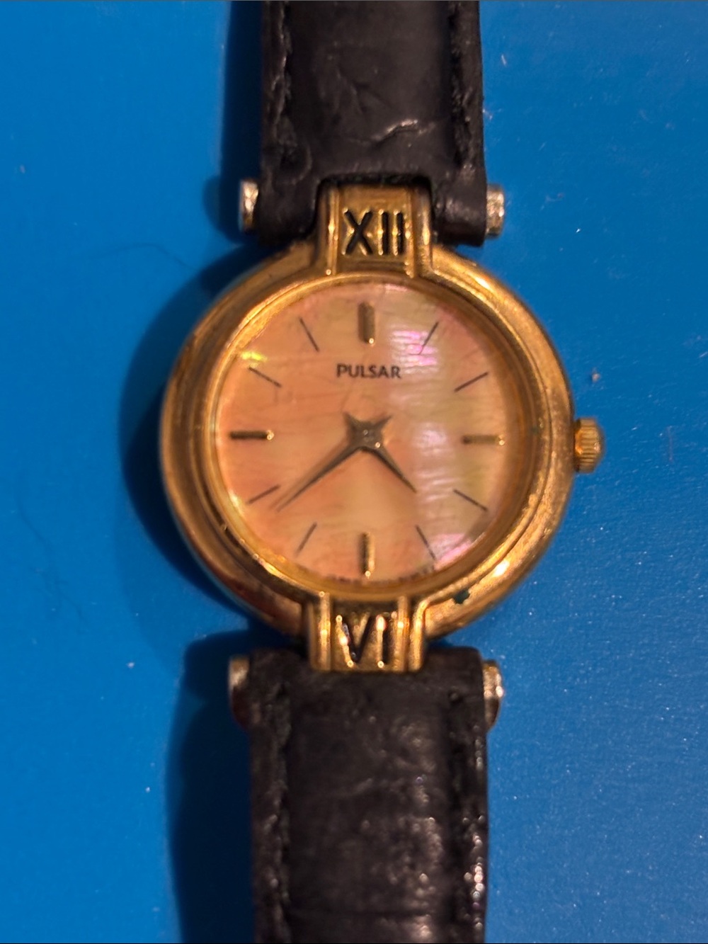 Pulsar Gold-Tone Case Watch with Pink Mother-of-Pearl Dial and Black Strap